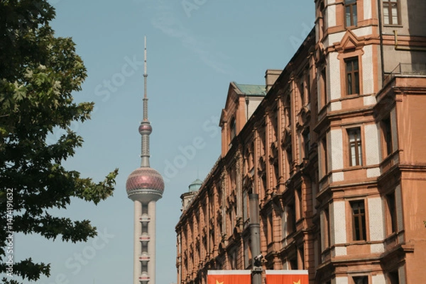 Obraz Landscape of pearl TV tower building scenery. The Oriental pearl TV tower is the famous landmarks in Shanghai China