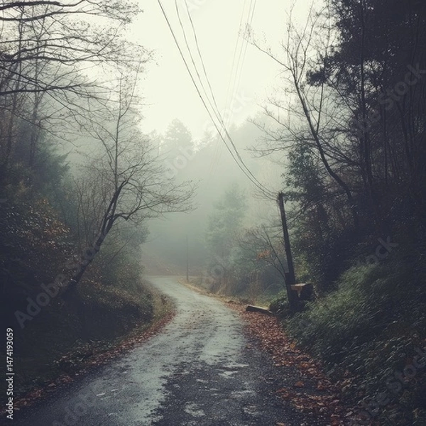 Fototapeta Foggy forest road winding through trees