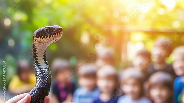 Obraz Close-up snake held by hand, children in background