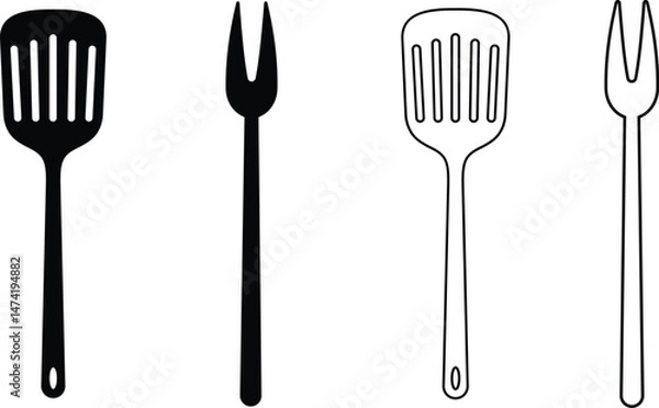 Fototapeta rying pan grilling utensils kitchen spatula tool icon set vector collection isolated on transparent background. Silhouette symbol. Kitchen utensils for cooking food design for web and app.