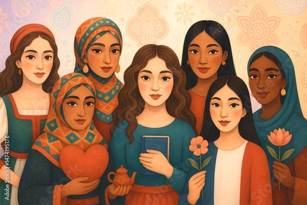 Fototapeta Illustration of diverse women in traditional and modern attire, each holding symbolic items like flowers, a book, or a heart. The warm, folk-art inspired composition celebrates unity, culture, and emp