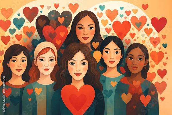 Fototapeta Whimsical illustration of six diverse women surrounded by floating hearts in warm tones. A joyful and inclusive celebration of love, diversity, friendship, and female empowerment.