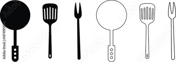 Fototapeta Frying pan grilling utensils kitchen spatula tool icon set vector collection isolated on transparent background. Silhouette symbol. Kitchen utensils for cooking food design for web and app.