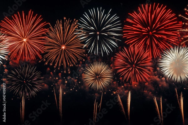 Obraz A spectacular and vibrant display of multiple fireworks in various colors illuminating the dark night sky, creating a breathtaking and celebratory scene.