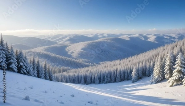Fototapeta Majestic winter scene capturing snow-covered mountains and a vibrant blue sky with evergreen trees.