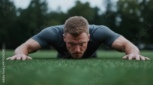 Obraz Intense workout session focusing on push-ups on a grassy field in the afternoon sunlight