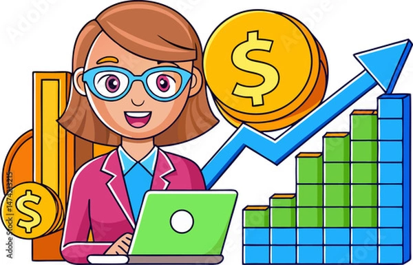 Fototapeta Increase income or salary raise, growing investment, wealth or saving profit, revenue rising, improvement or accumulate wealth concept, woman working with computer on banknote money growing graph.