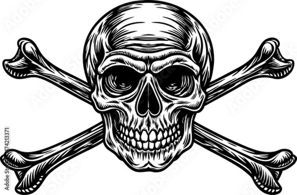 Fototapeta skull with crossbones underneath, symbolizing danger or pirate themes in bold detail sketch linocut vector