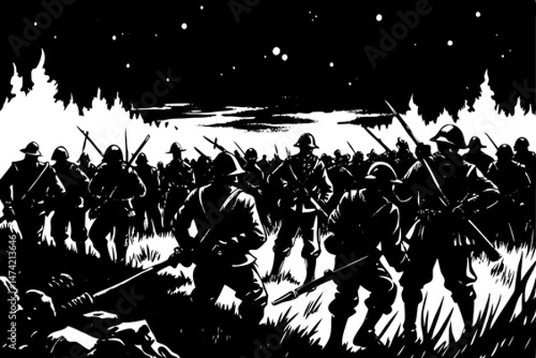 Fototapeta the challenges of navigating a battlefield at night with limited visibility. linocut vector