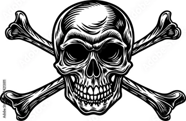 Fototapeta skull with crossbones underneath, symbolizing danger or pirate themes in bold detail sketch linocut vector