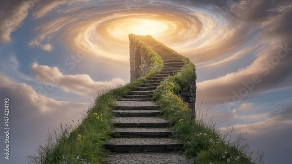 Fototapeta Stairway Ascending Into the Clouds Toward Bright Heavenly Light, Symbolic Concept of Afterlife, Spiritual Ascension, Eternal Peace, Divine Journey, Faith, Hope and the Path to Heaven Beyond Death