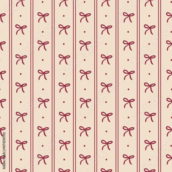 Fototapeta Vintage Coquette Stripes Pattern - Seamless Textile Design with Red Bows
