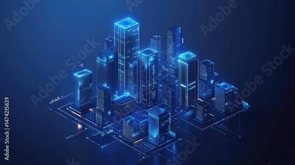 Fototapeta Isometric view of a futuristic city with glowing blue outlines on a dark blue background design style