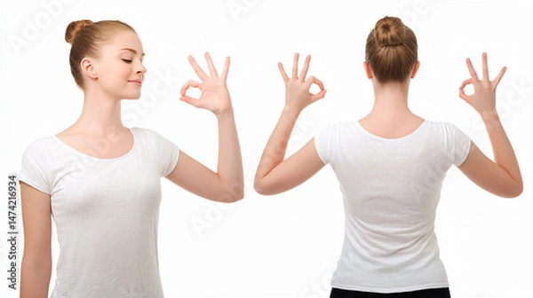 Obraz Front and back view of the same woman showing an OK sign on a white background.