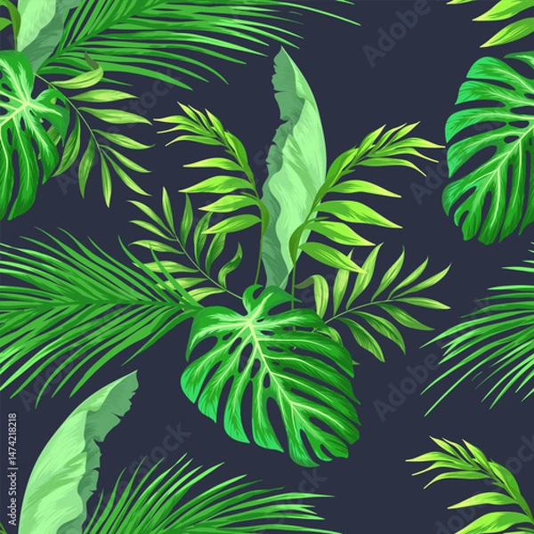 Fototapeta Green tropical palm leaves seamless vector pattern on the black background. Trendy summer print.	
