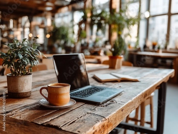 Obraz Rustic workspace with laptop, coffee, and plants