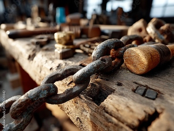 Obraz Rusty chain and tools on weathered workbench
