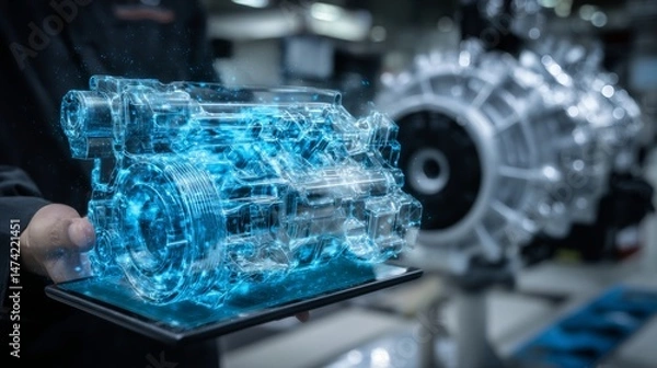 Obraz In a manufacturing environment, an engineer utilizes a tablet to create an engine design with the aid of an augmented reality application, incorporating Industry 4.0 principles of research,