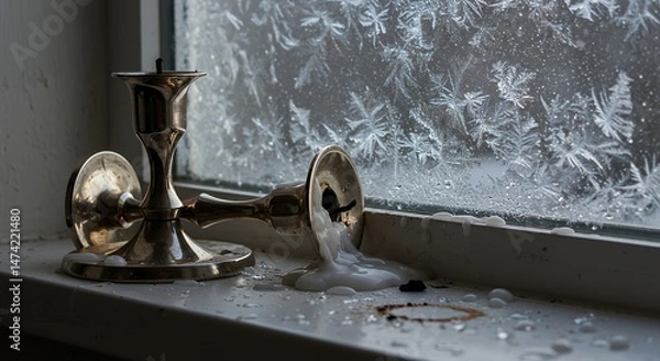 Fototapeta Candlestick on windowsill with melted wax and frost