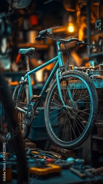 Obraz Rusty blue bicycle in a cluttered workshop