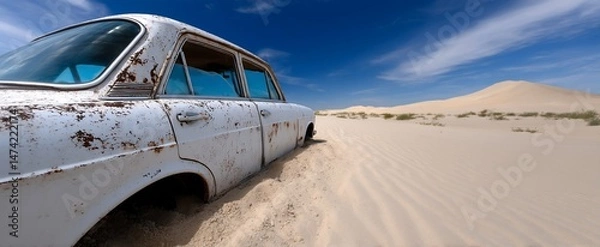 Obraz Rusty car abandoned in a vast desert landscape