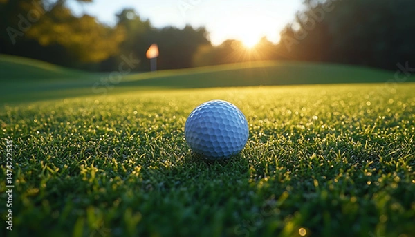 Fototapeta Close-up view of golf club and ball on green grass