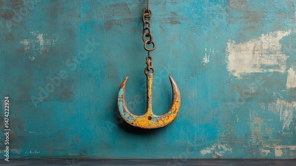 Obraz Rusty anchor hangs from chain on teal wall