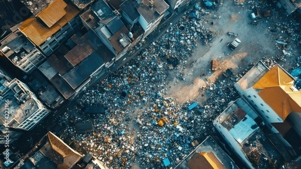 Fototapeta Urban marketplace, dense with activity, filled with waste