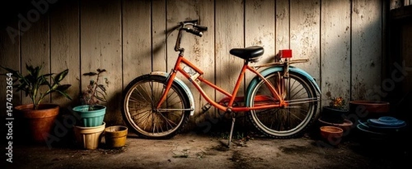 Obraz Rusty bicycle and plants in a weathered shed