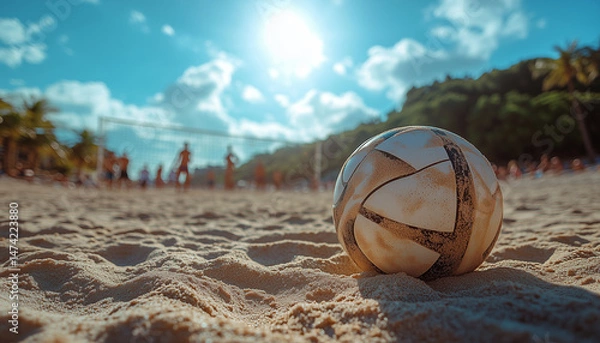 Fototapeta Volleyball on sandy beach with blurred people enjoying in background