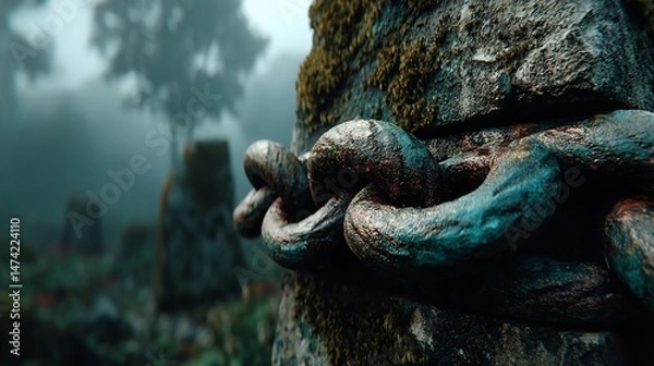 Obraz Rusty chain wrapped around a mossy stone in a misty forest