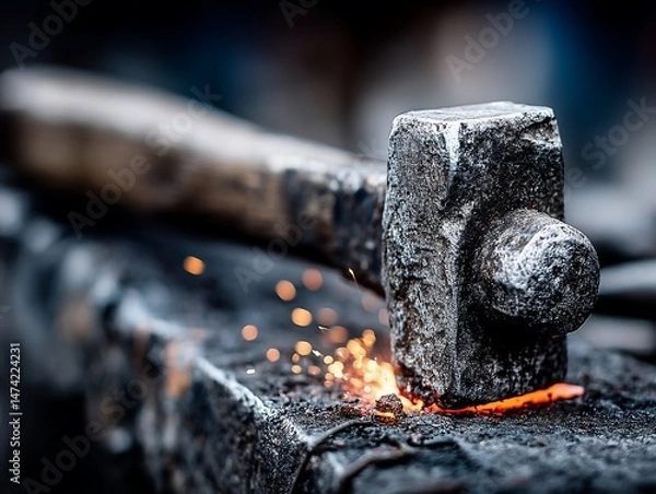 Obraz Rusty hammer strikes glowing metal