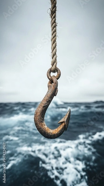 Obraz Rusty fishing hook hanging from a rope over rough sea