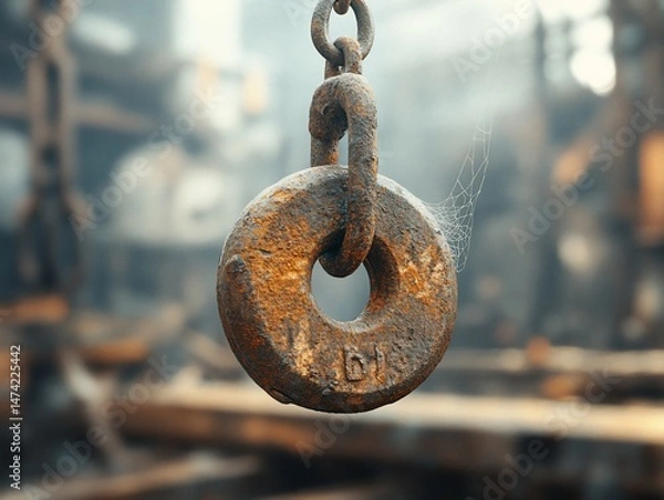 Obraz Rusty circular weight hanging from a chain in a industrial setting