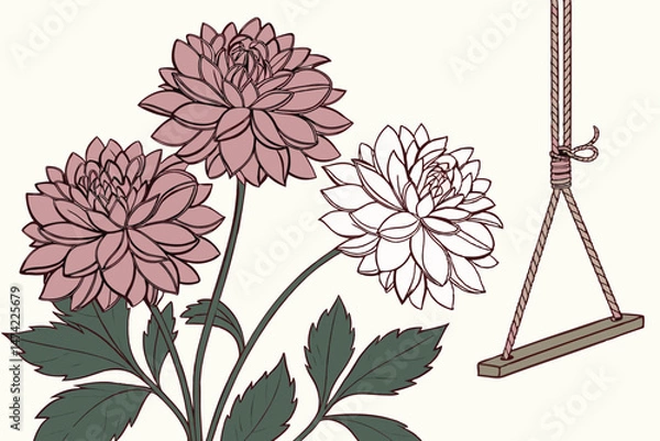 Obraz 150 floral botanical arrangement, pink and white dahlias, hanging rope swing, minimalist composition, natural lighting, clean background, high quality, detailed, cinematic