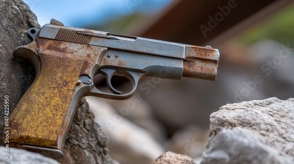 Obraz Rusty handgun resting on rocks