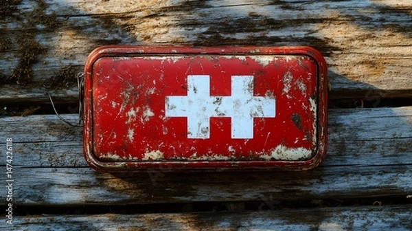Obraz Rusty first-aid kit on weathered wooden planks