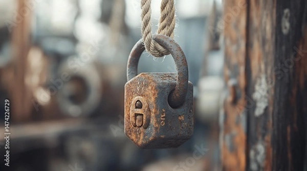 Obraz Rusty metal lock hanging from rope