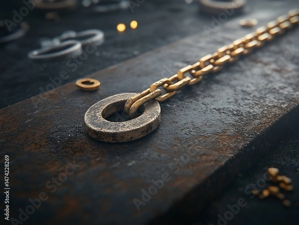 Obraz Rusty metal plate with chain and fastener