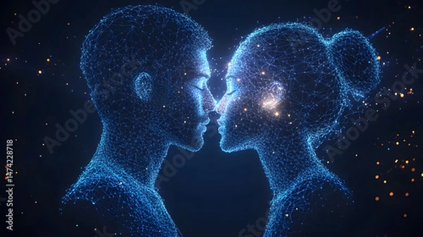 Fototapeta Intimate moment captured in a digital embrace. Two figures, rendered in vibrant blue lines, share a tender connection amidst floating golden particles. Abstract wireframe in dark blue