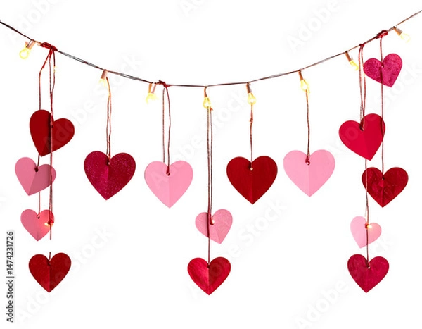 Fototapeta Valentine’s Garland with Hearts and String Lights, Transparent PNG