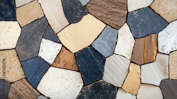 Fototapeta Surreal close-up of a wall texture blending aged stone, rustic wood, and polished ceramic under a golden summer glow, with intricate contrasts of rough, smooth, and cracked surfaces.

