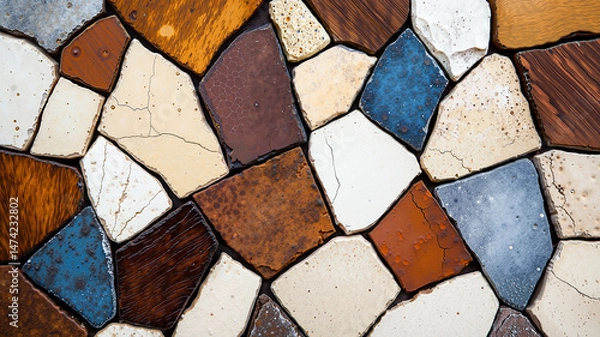 Fototapeta Surreal close-up of a wall texture blending aged stone, rustic wood, and polished ceramic under a golden summer glow, with intricate contrasts of rough, smooth, and cracked surfaces.

