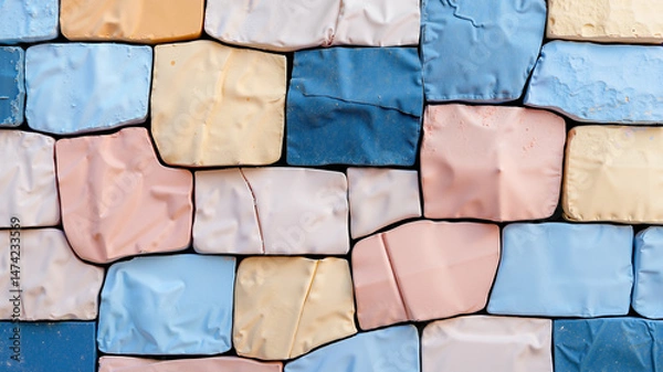 Fototapeta Surreal Summer Brick Wall Texture in Coral Pink, Golden Sand, and Sky Blue, Captured in Flat Lay with Seamless Polished Surface and Harmonious Dreamlike Gradients

