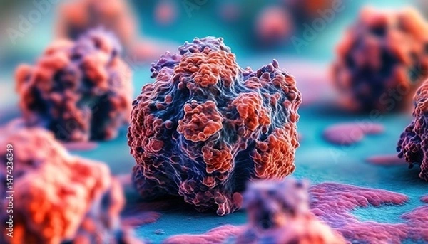 Fototapeta Microscopic view of cancer cells, detailed 3D medical illustration of tumor growth on tissue surface