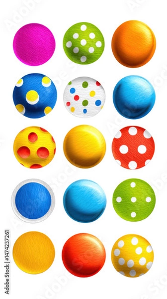 Fototapeta Colorful Polka Dot Buttons: A collection of sixteen vibrant buttons, each exhibiting unique colors and polka dot patterns, ideal for crafting, design, and digital projects. 