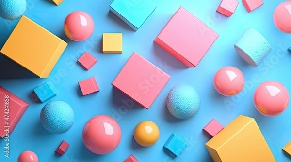 Fototapeta Abstract Floating Geometric Shapes in Pastel Colors on Blue Background