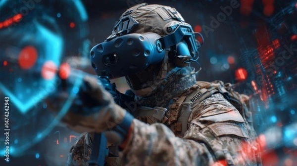 Fototapeta Virtual reality technology with a digital interface is being used by a soldier in a futuristic military context