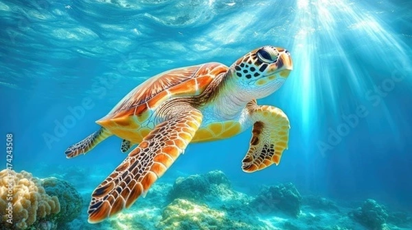 Fototapeta Sea turtle gracefully swimming underwater with sun rays filtering through the clear blue water scene