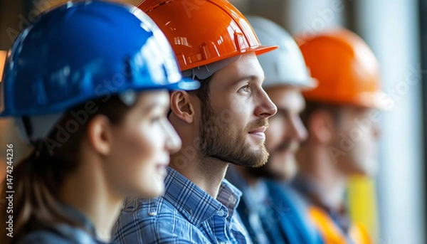 Fototapeta Happy engineer wearing helmet reviewing new construction project